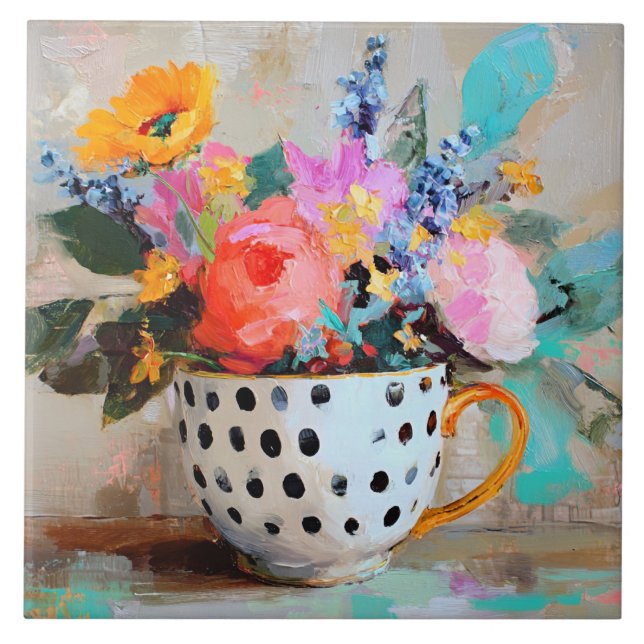 Colorful Flowers in Polka Dot Teacup Ceramic Tile (Front)