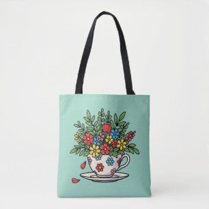 Colorful Flowers in Vintage Teacup Tote Bag