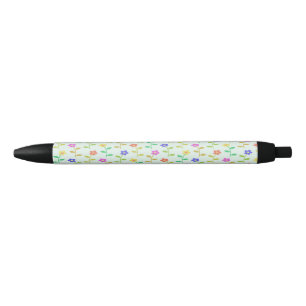 Colorful flowers on pale green black ink pen