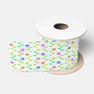 Colorful flowers on pale green satin ribbon