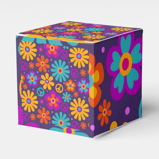 Colorful Flowers Peace Love Groovy Retro Hippie Favour Box (Front Side)