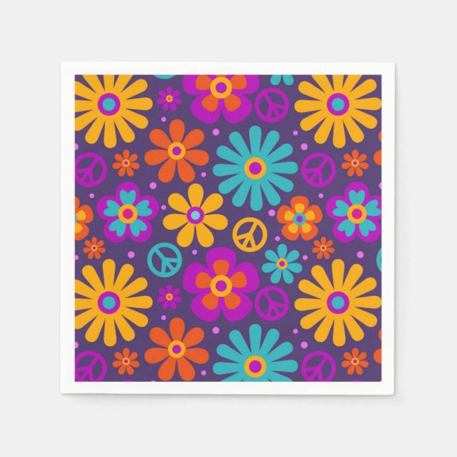 Colorful Flowers Peace Love Groovy Retro Hippie Napkin (Front)