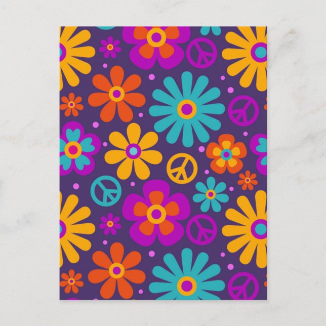 Colorful Flowers Peace Love Groovy Retro Hippie Postcard (Front)