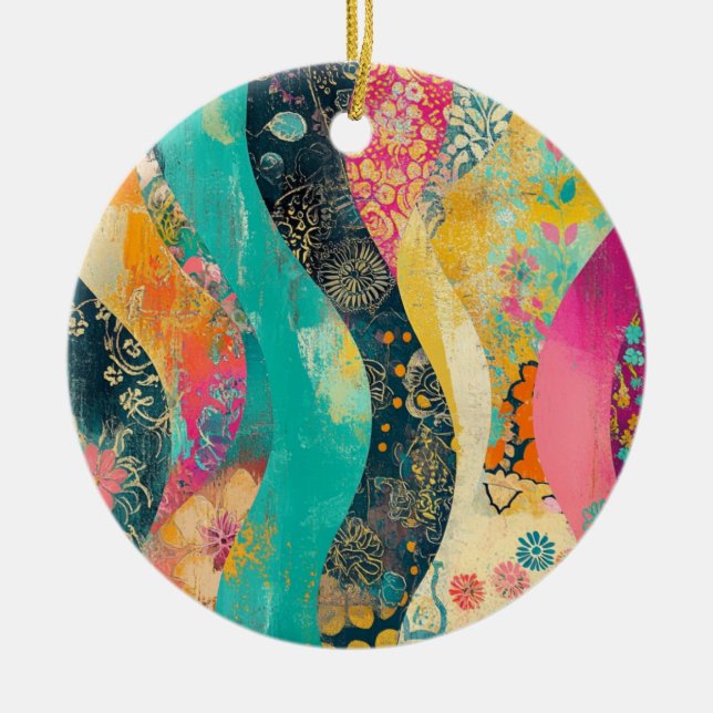 Colorful Flowers Wave Ceramic Ornament (Front)