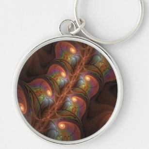 Colorful Fluorescent Abstract Trippy Brown Fractal Key Ring