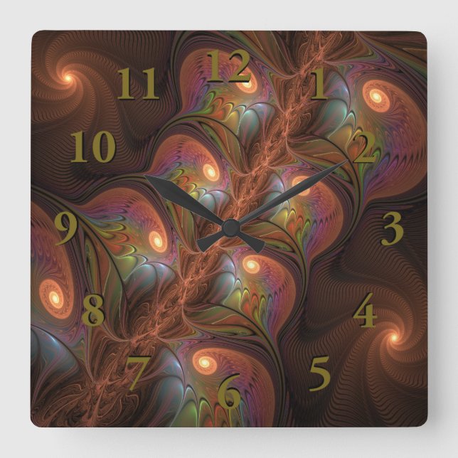 Colorful Fluorescent Abstract Trippy Brown Fractal Square Wall Clock (Front)