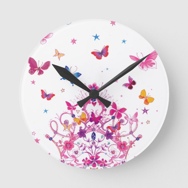 Colorful Flying Butterflies with Crown Art Print Round Clock (Front)
