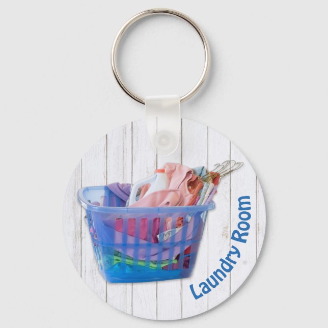 Colorful Folded Laundry On Hangers In Blue Basket  Key Ring (Front)