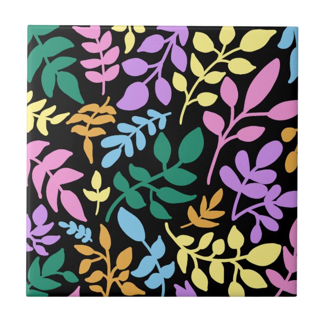 Colorful foliage in black background ceramic tile (Front)