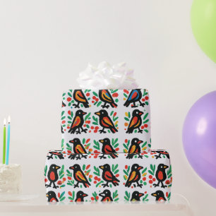 Colorful Folk Art Black Birds Botanical Wrapping Paper