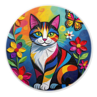 Colorful Folk Art Cat Ceramic Knob