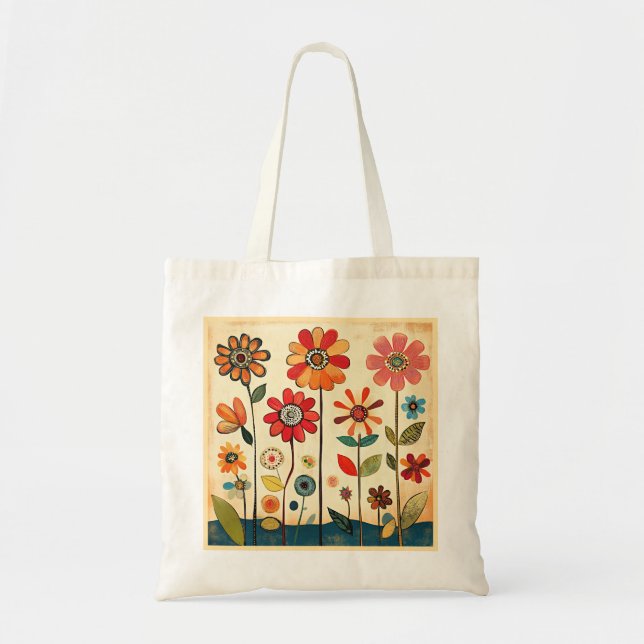 Colorful Folk Art Flowers Tote Bag (Front)