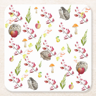 Colorful forest house pattern with bunnies, hedgeh square paper coaster