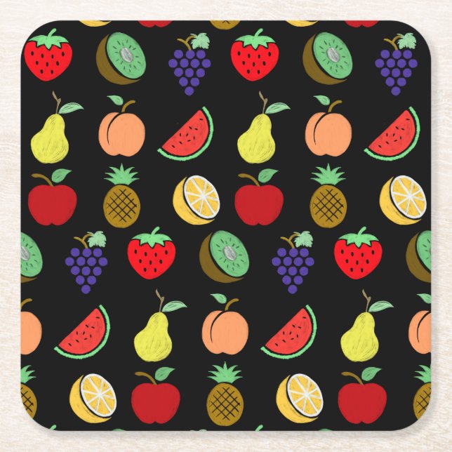 Colorful fruit fun chalk sketch square paper coast coaster (Front)