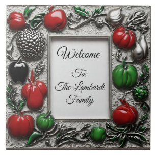 Colorful Fruit & Silver Scrollwork Family Name Ceramic Tile