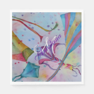 COLORFUL FUN FLYING KITES MONOGRAM PARTY NAPKIN