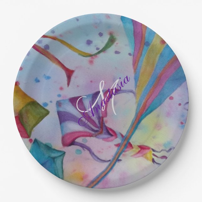 COLORFUL FUN FLYING KITES MONOGRAM PARTY PAPER PLATE (Front)