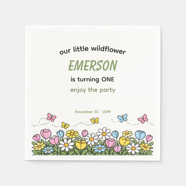 Colorful Funny Little Wildflower 1st Birthday  Napkin (Front)
