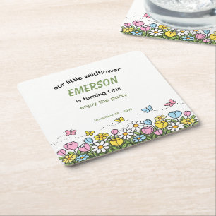 Colorful Funny Little Wildflower 1st Birthday  Square Paper Coaster