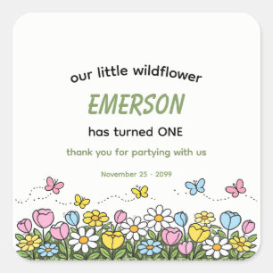 Colorful Funny Little Wildflower 1st Birthday Square Sticker