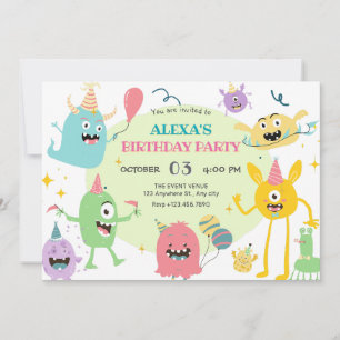 Colorful funny monster party birthday invitation