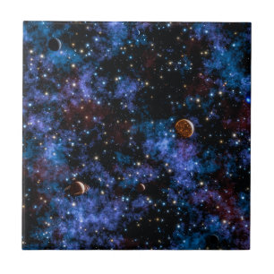 Colorful galaxies, stars and planets in night ceramic tile