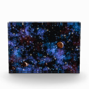 Colorful galaxies, stars and planets in night photo block