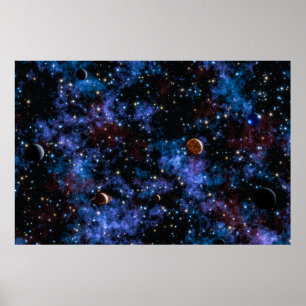 Colorful galaxies, stars and planets in night poster