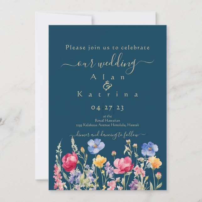 Colorful Garden Boho Wildflower On Blue Invitation (Front)