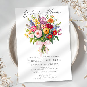 Colorful Garden Flowers Pink Bow Girl Baby Shower Invitation