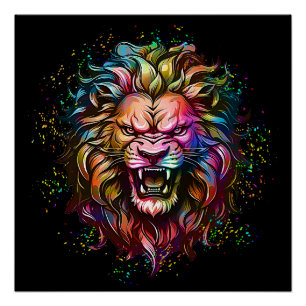 COLORFUL GEOMETRIC ABSTRACT MAJESTIC LION ROAR POSTER