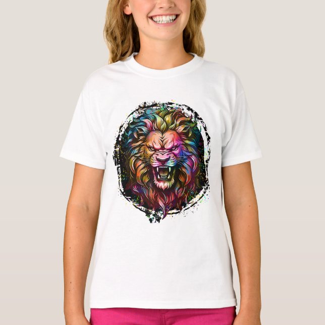 COLORFUL GEOMETRIC ABSTRACT MAJESTIC LION ROAR T-Shirt (Front)