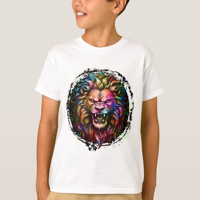 COLORFUL GEOMETRIC ABSTRACT MAJESTIC LION ROAR T-Shirt (Front)