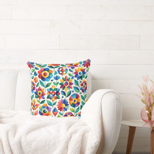 Colorful Geometric Floral Pattern Retro Modern Blu Cushion (Couch)