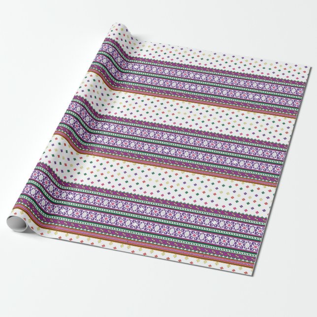 Colorful Geometric Folk Art design with flowers Wrapping Paper (Unrolled)
