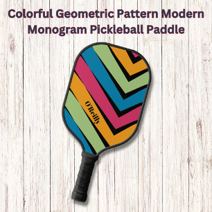 Colorful Geometric Pattern Modern Monogram Pickleball Paddle