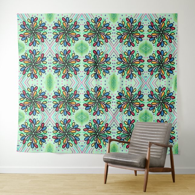COLORFUL GEOMETRIC TEARDROPS WATERCOLOR PATTERN TAPESTRY (In Situ (Horizontal))