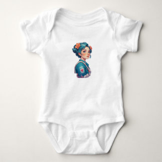 Colorful Girl Portrait with Flowers Baby Bodysuit