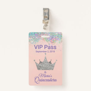 Colorful Glitter Silver Crown Quinceañera VIP ID Badge