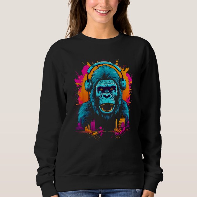 Colorful Gorilla With Headphones Ape Wildlife Artw Sweatshirt (Front)