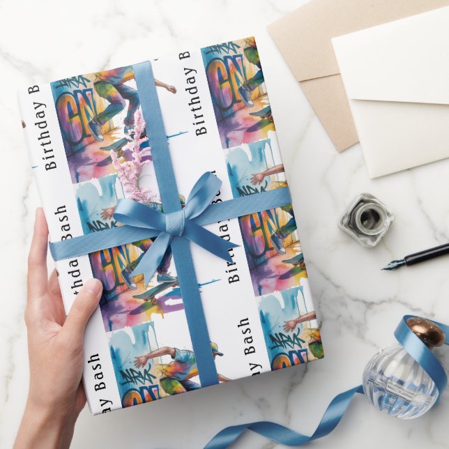 Colorful Graffiti Skateboarder Birthday Bash  Wrapping Paper (Gifting)