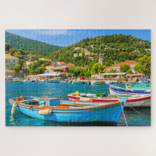 Colorful Greek fishing boats in port of Kioni Jigsaw Puzzle