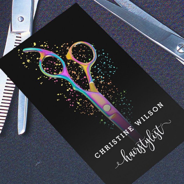 colorful hairdresser scissors on black business card (Creator Uploaded)