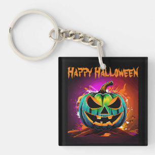 Colorful Halloween Creepy Pumpkin Black Key Ring