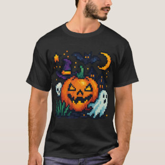 Colorful Halloween Pixel Art - Pumpkin, Ghost & T-Shirt