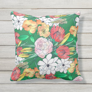Colorful Hand Drawn Flowers Green Girly Design Cushion