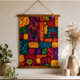 Colorful Hand Painted Floral Geometric Abstract Hanging Tapestry