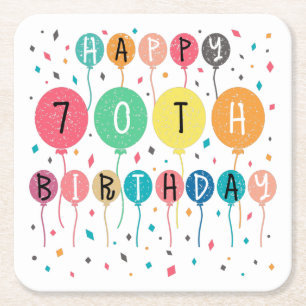 Colorful Happy 70th birthday with balloons Square Paper Coaster