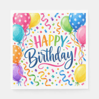 Colorful Happy Birthday Balloons & Confetti Party Napkin