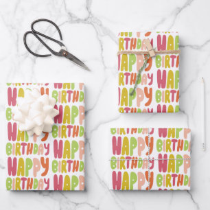Colorful Happy Birthday Bubble Letter Pattern Gift Wrapping Paper Sheet